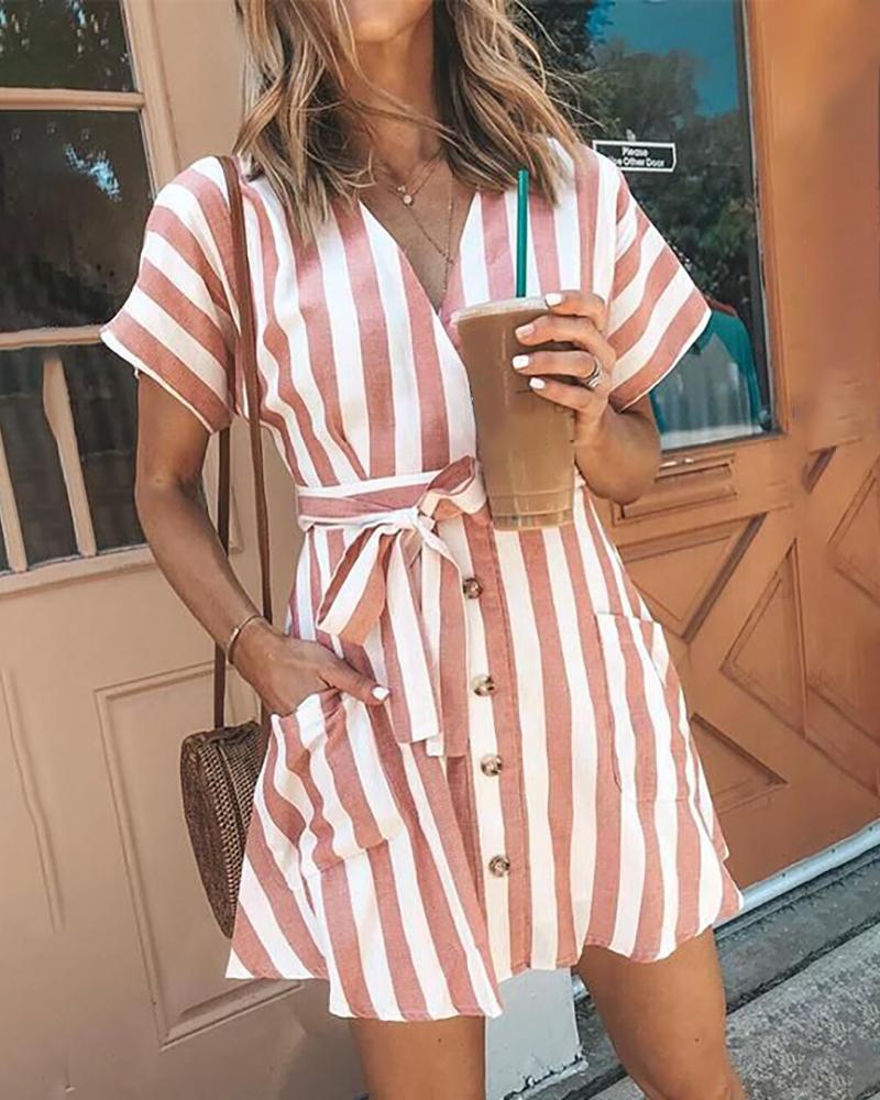 

Striped Button Design Pockets Casual Dress, Pink