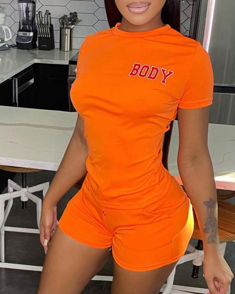 

Letter Print Casual Top & Drawstring Shorts Set, Orange