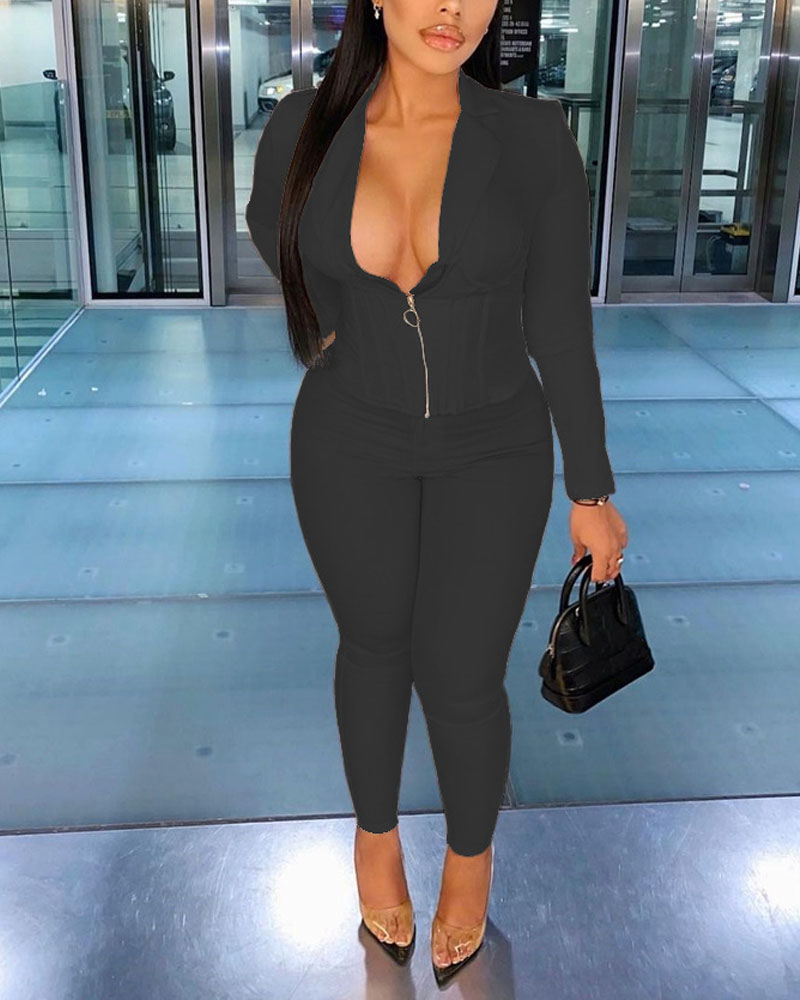 

Long Sleeve Zip Up Corset Blazer & Pants Set, Black