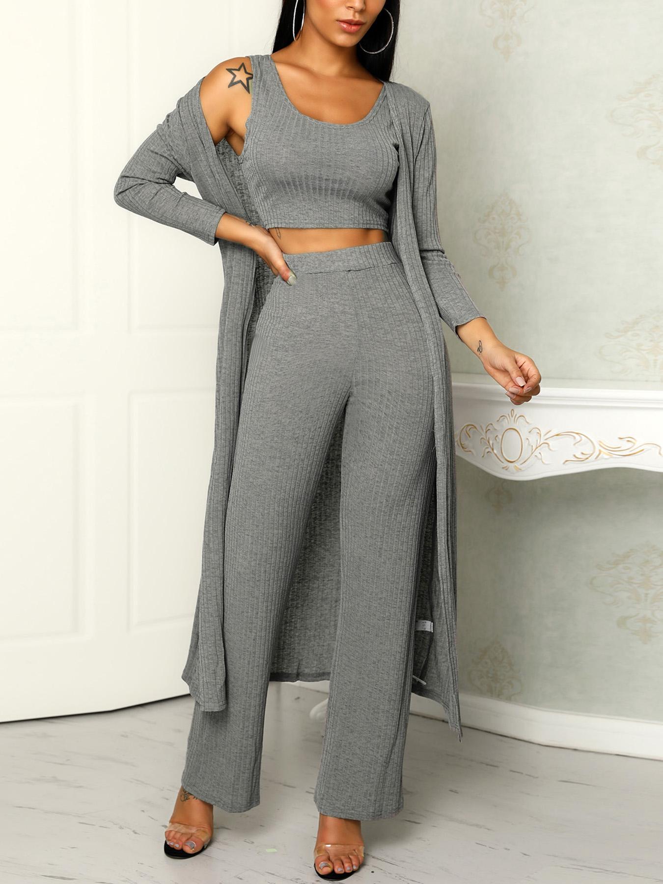 

3PCS Solid Ribbed Sets With Long Coat, Gray