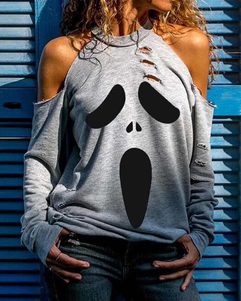 

Ripped Hollow Long Sleeve Blouse, Gray
