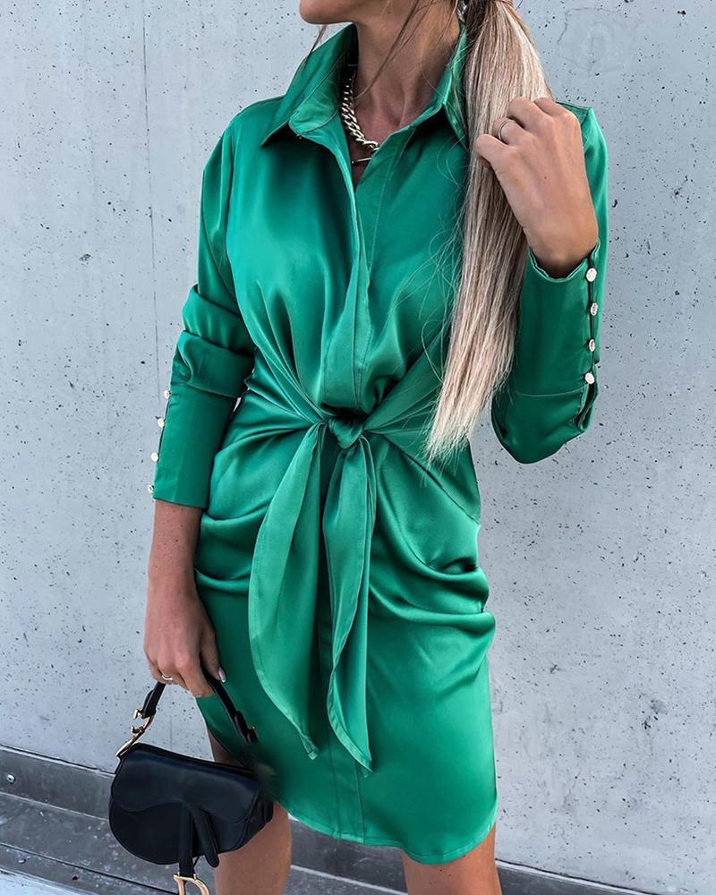 

Satin Buttoned Long Sleeve Tied Detail Shirt Dress, Green