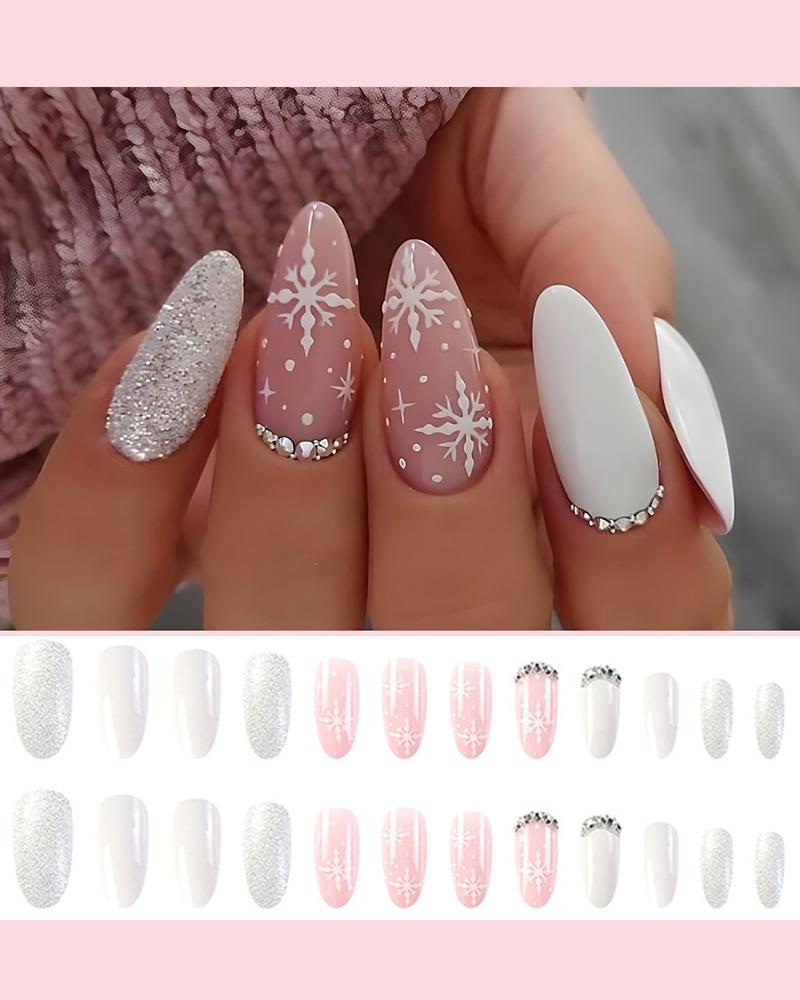 

24pcs Christmas Sequin Rhinestone Decor Snowflake Design Press-on Stiletto Almond False Nails Set, Pink