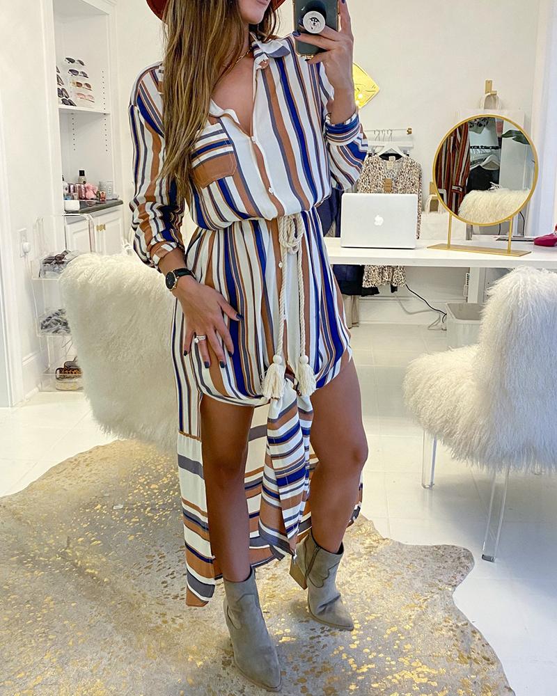 

Striped Colorblock Tassel Design Dip Hem Shirt Dress, Multicolor