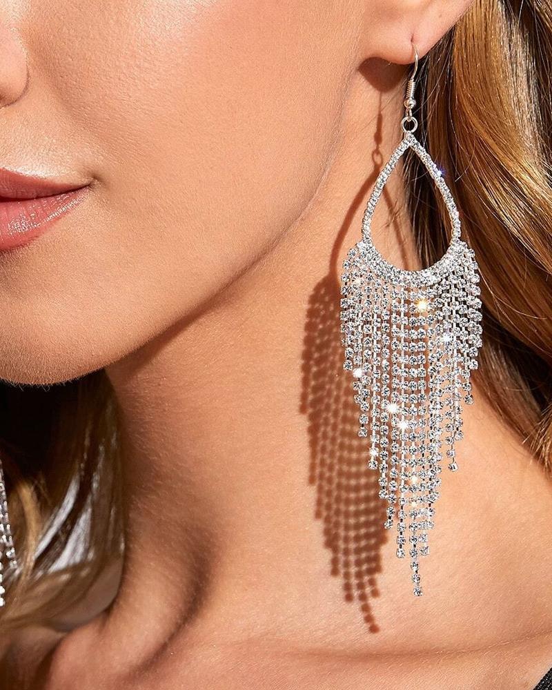 

1Pair Rhinestone Tassel Decor Earrings, Silver