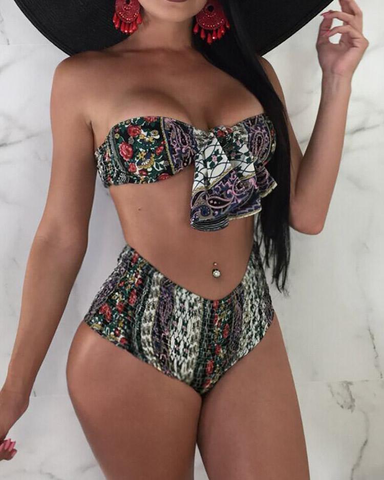 

Sexy Tribal Print Knot Front Bikini Set, Multicolor