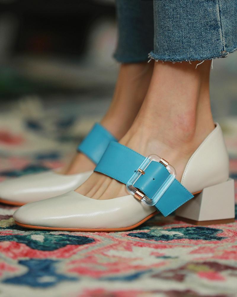 

Square Toe Colorblock Buckled Block Heels, Beige