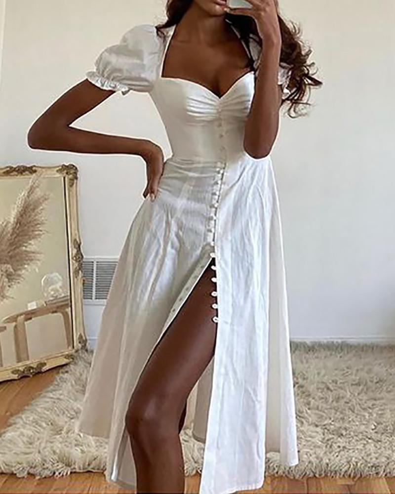 

Button Front High Slit Puff Sleeve Dress, White