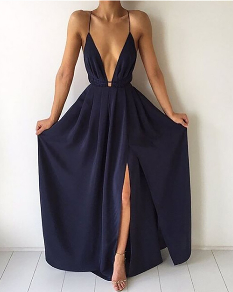 

Plunge Plain / Floral Print High Slit Maxi Dress, Dark blue