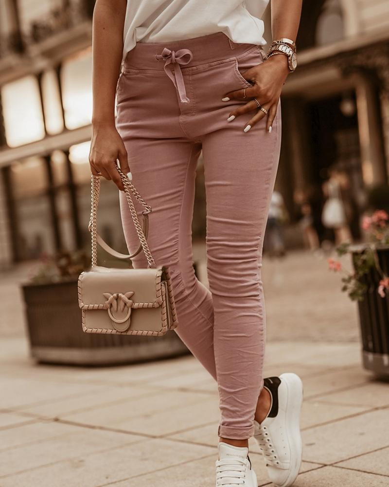 

Pocket Design Tied Detail Skinny Pants, Pink