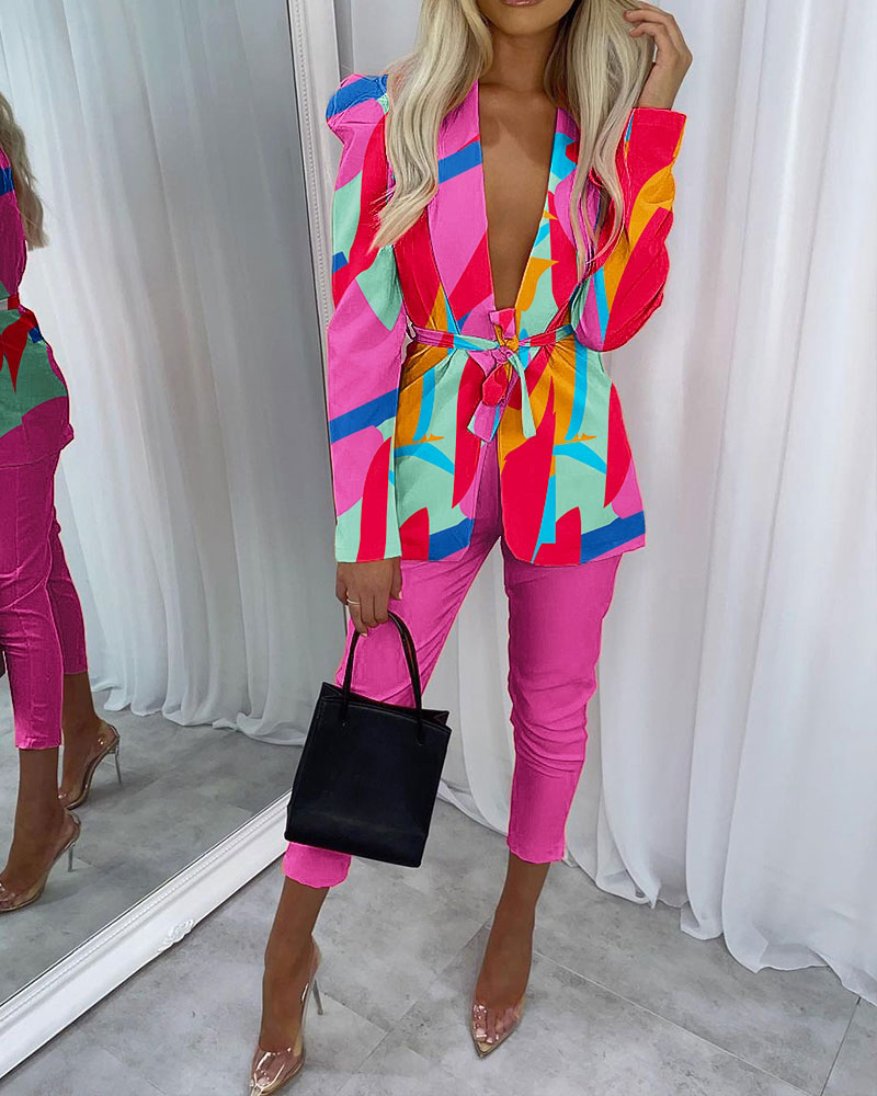 

Abstract Print Puff Sleeve Blazer & Pants Set, Multicolor