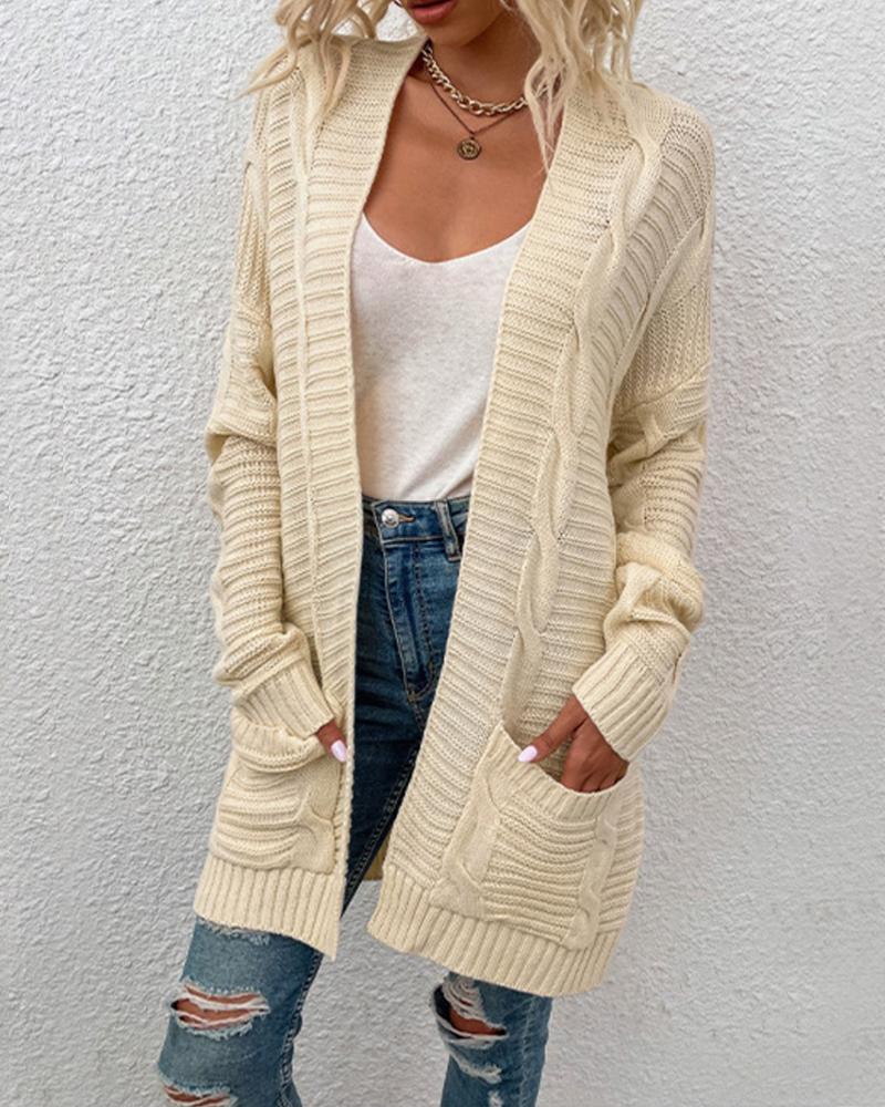 

Pocket Design Cable Knit Cardigan, Beige