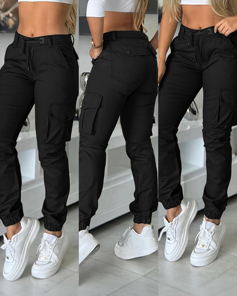 

Calça cargo com vários bolsos e punhos, calça slim fit, Black
