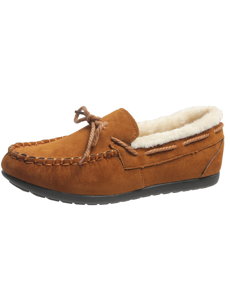 

Fuzzy Trim Tied Detail Winter Lined Slip-on Shoes, Brown