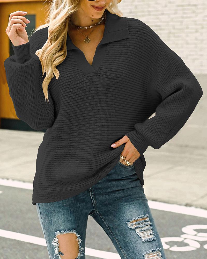 

Long Sleeve Turn Down Collar Knit Sweater, Black