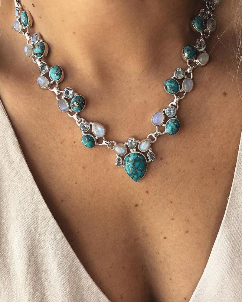 

1Pair Bohemian Crystal Turquoise Floral Pendant Necklace, Blue