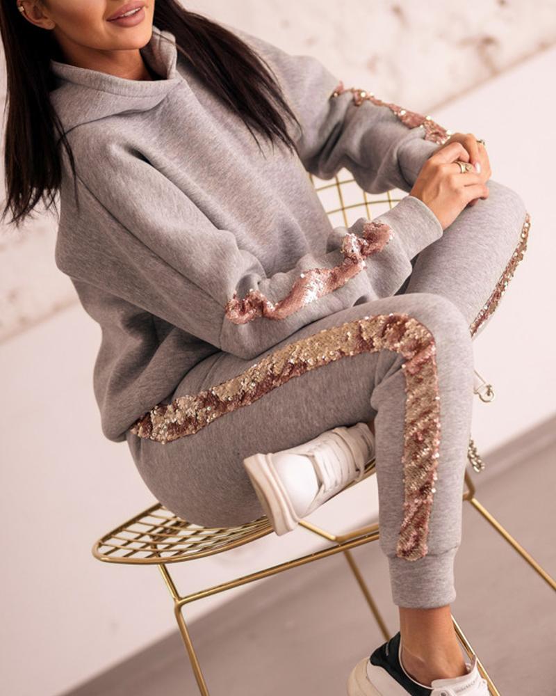 

Contrast Sequin Hooded Sweatshirt & Pocket Pants Set, Gray