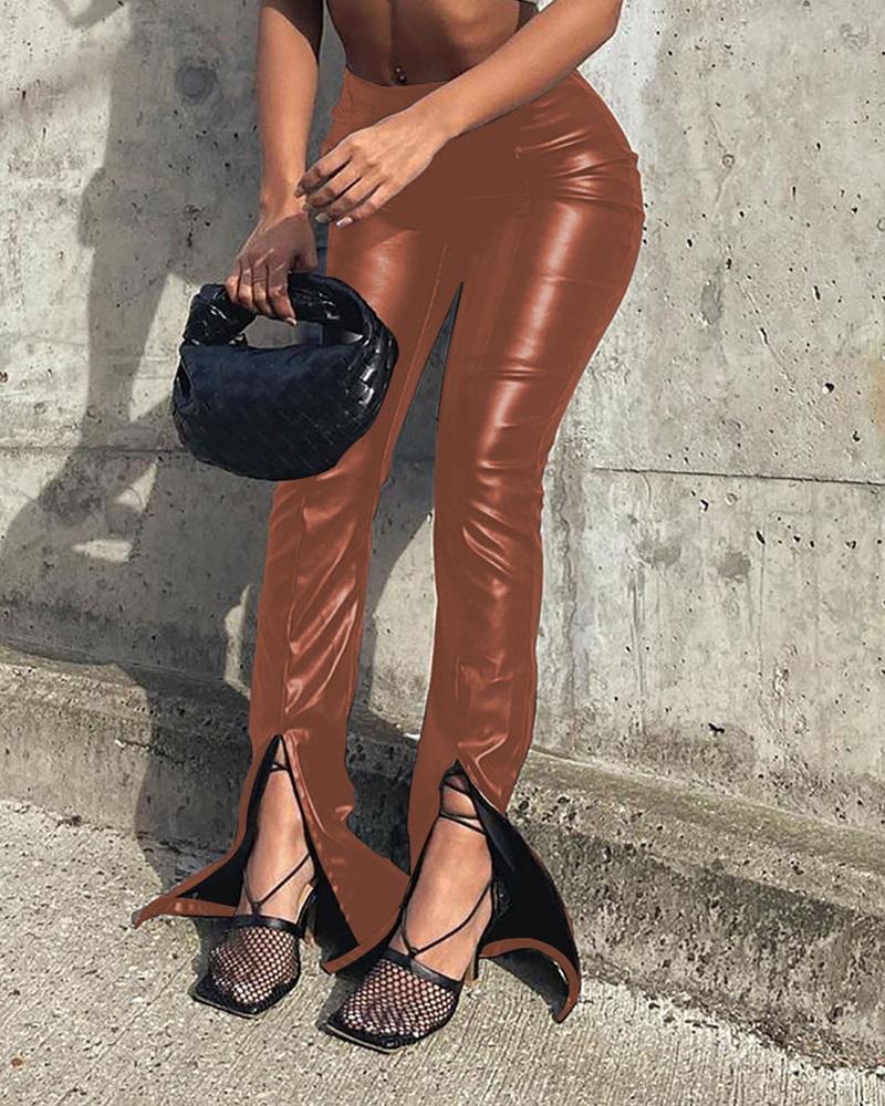 

PU Leather Split Hem Butt Lifting High Waist Pants, Brown