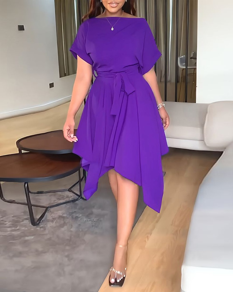 

Asymmetrical Hem Belted Boat Neck Casual Dress, Purple