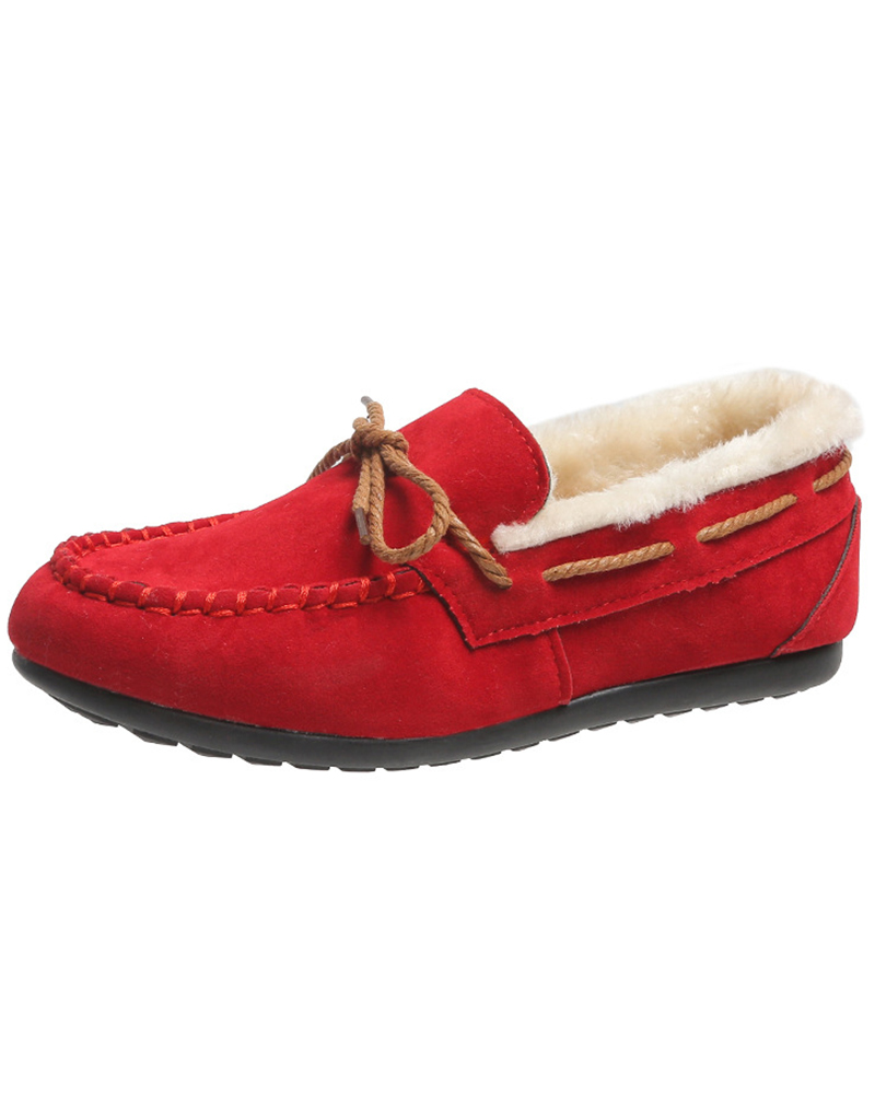 

Fuzzy Trim Tied Detail Winter Lined Slip-on Shoes, Red