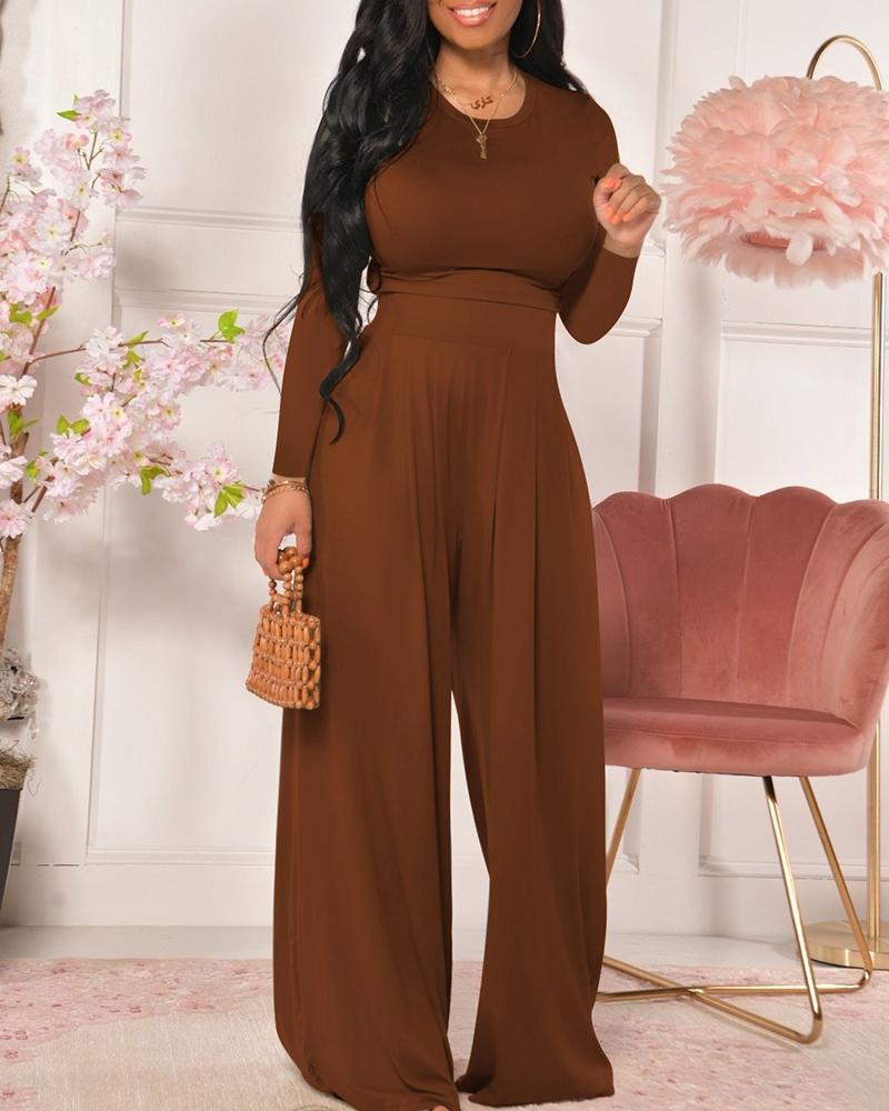 

O Neck Long Sleeve Top & Wide Leg Pants Set, Brown