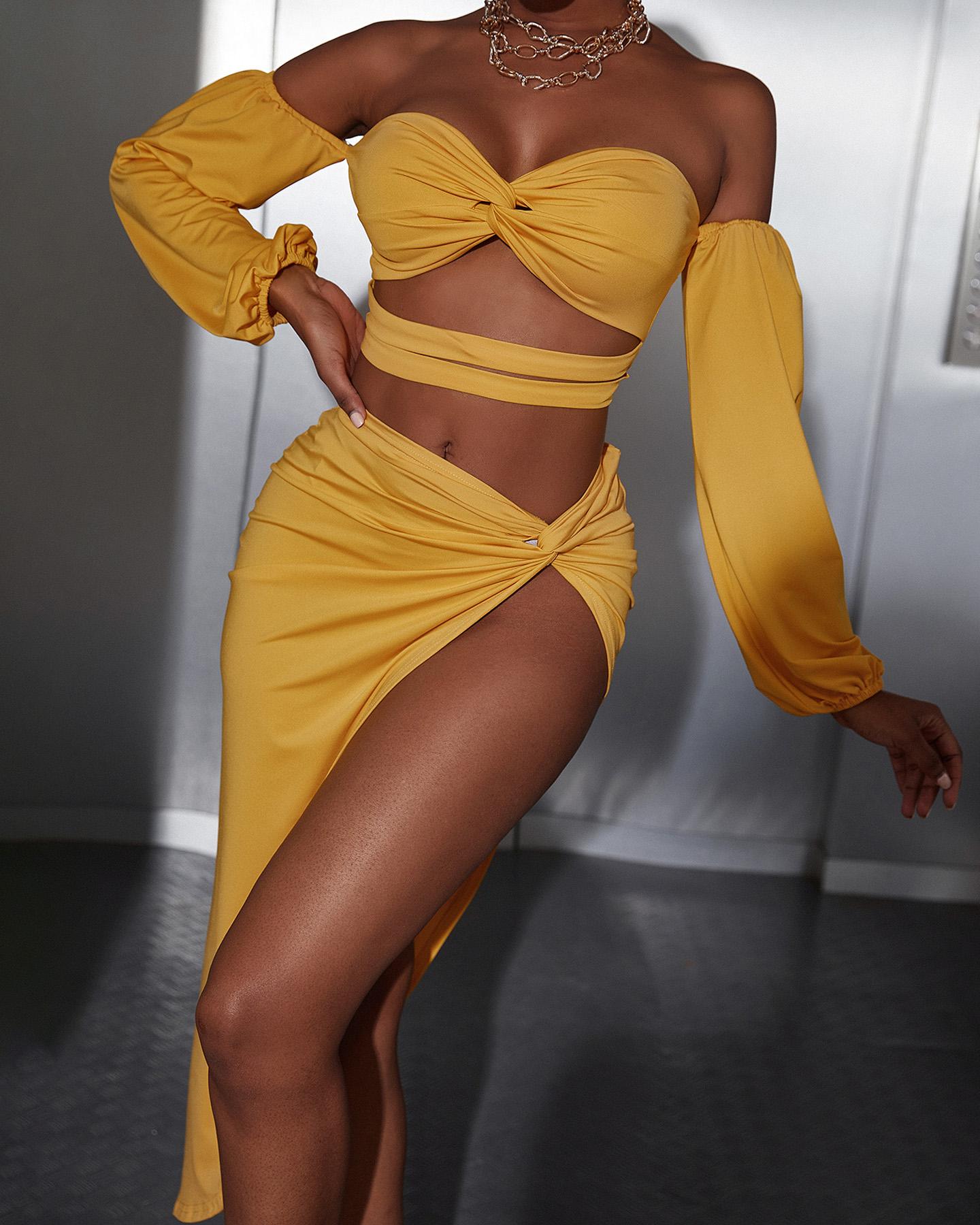 

Off Shoulder Twisted Crop Top & High Slit Maxi Skirt Set, Yellow
