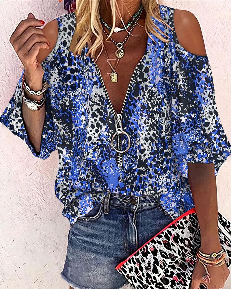 

Leopard Print Cold Shoulder Zip Front Chiffon Top, Blue