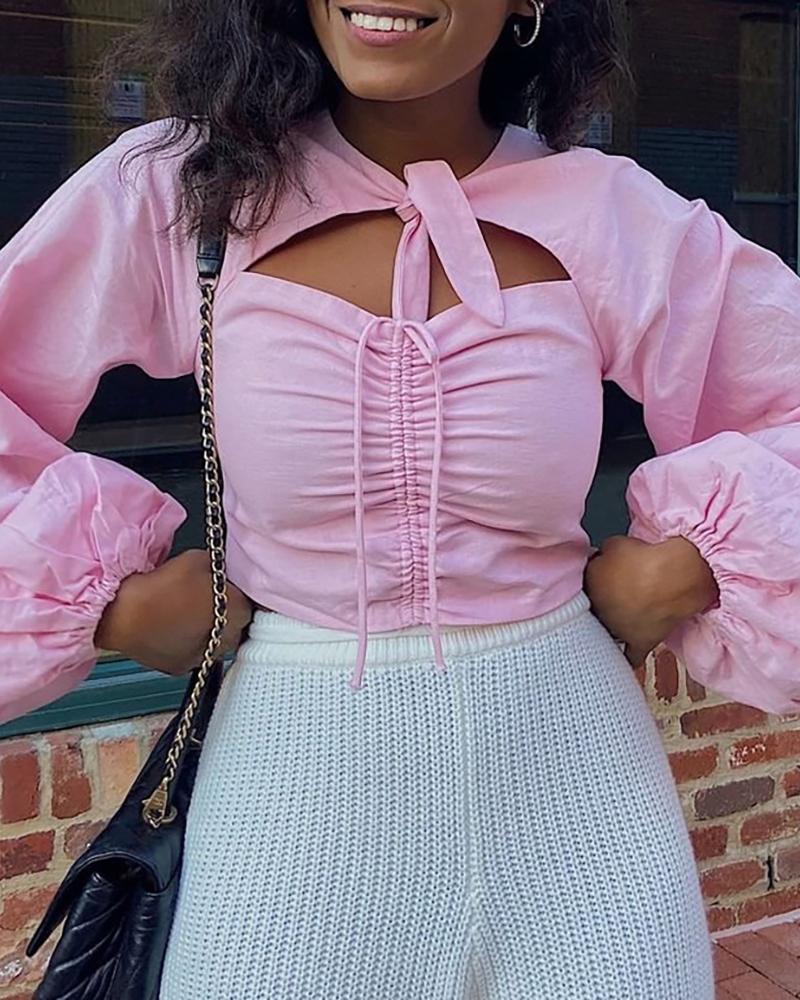 

Cutout Tie Front Ruched Lantern Sleeve Crop Top, Pink
