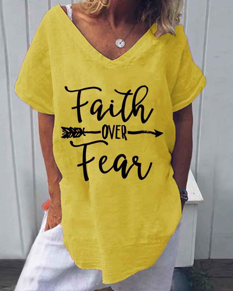 

Letter Print V-neck Casual T-shirt, Yellow