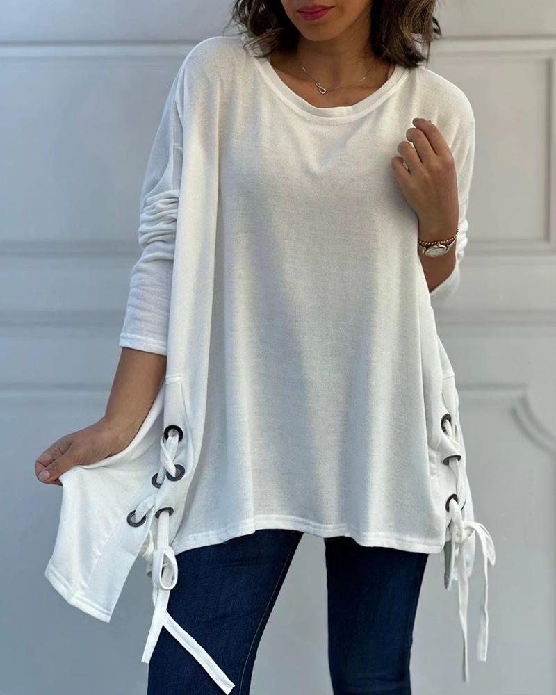 

Eyelet Lace-up Long Sleeve Top, White