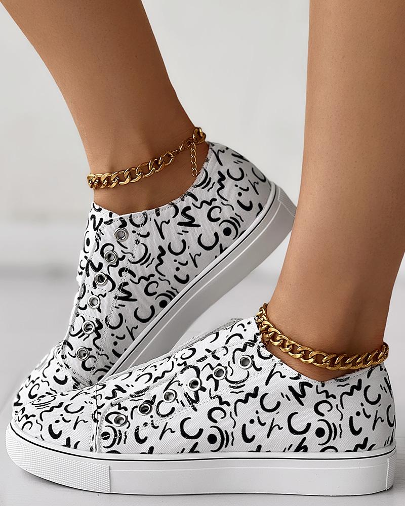 

Abstract Print Eyelet Slip On Canvas Sneakers, Blackwhite