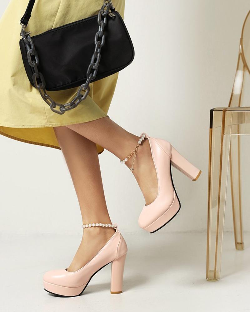 

Round-toe Solid Color PU Leather Shallow Mouth Platform High Heels, Pink