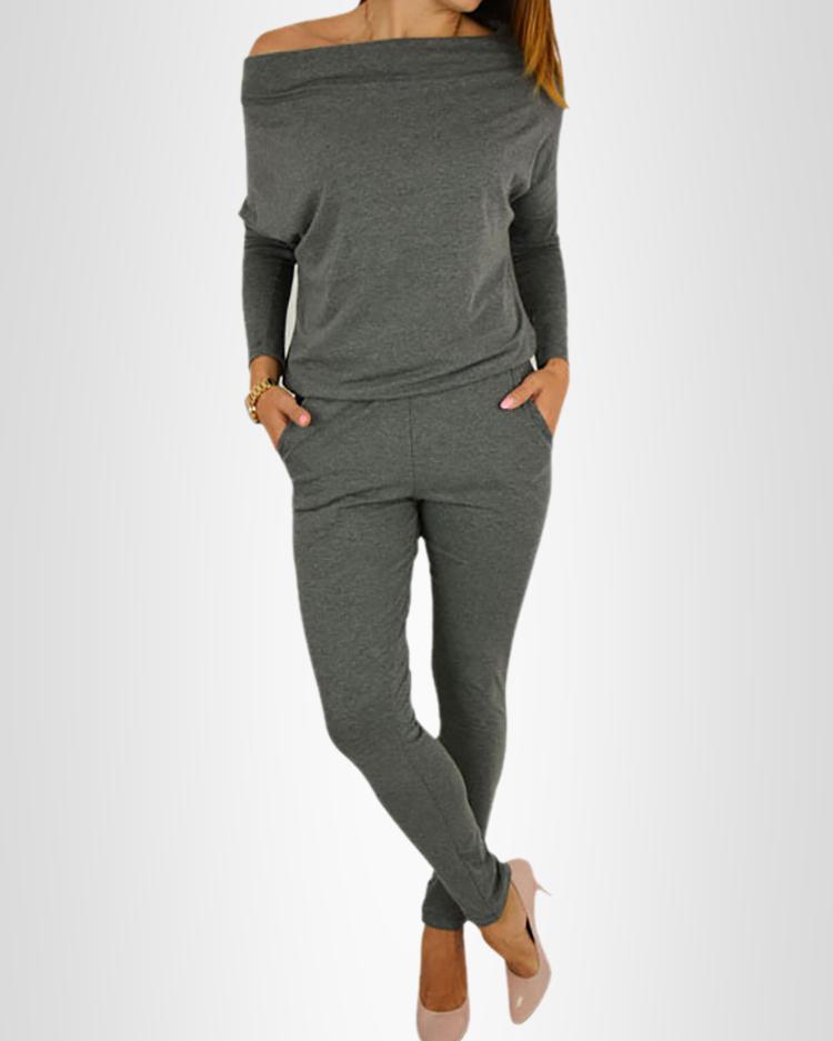 

Off Shoulder Bat-Wing Sleeve Jumpsuits, Gray