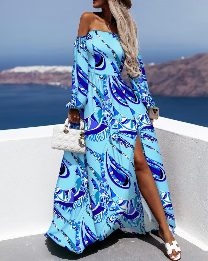 

Abstract Print Off Shoulder Corset Slit Maxi Dress, Blue