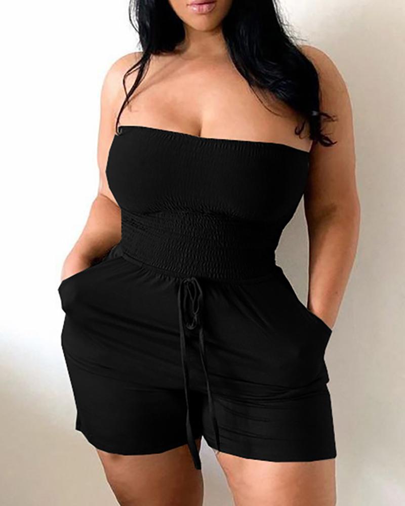 

Dual Pocket Bandeau Drawstring Rompers, Black
