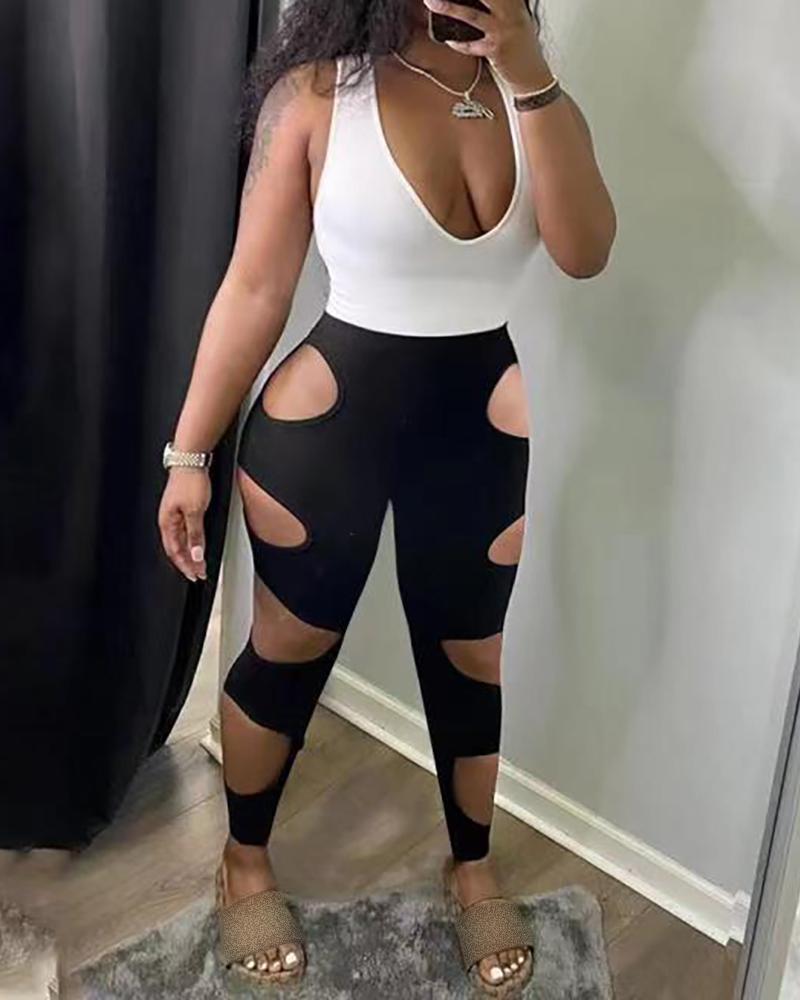 

V-Neck Tank Top & Cutout High Waist Skinny Pants Set, Black