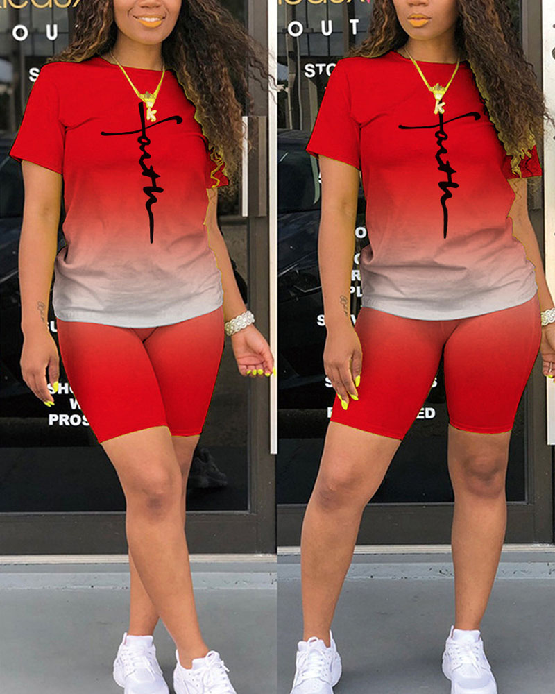 

Letter Print Ombre Casual Top & Shorts Set, Red