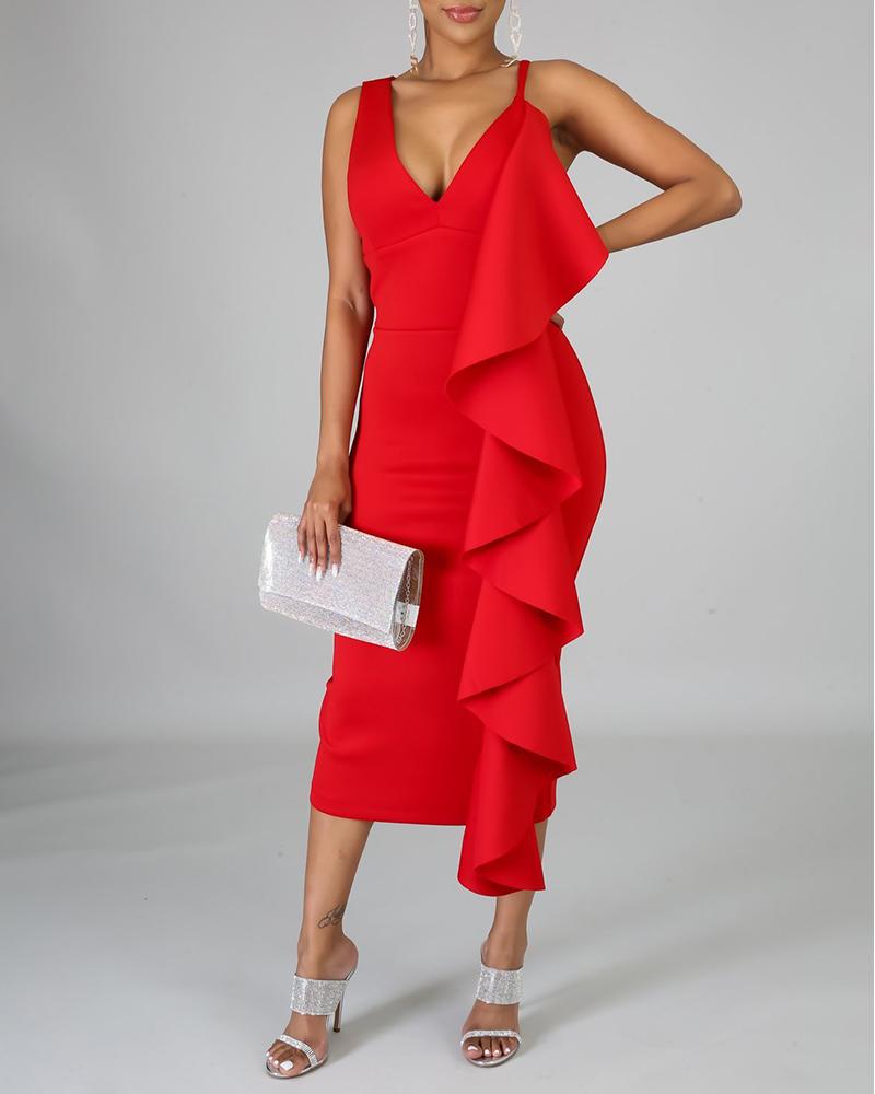 

Plunge Ruffles Asymmetrical Party Dress, Red
