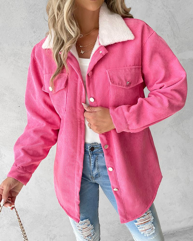 

Pocket Design Fleece Lined Corduroy Shacket, Pink