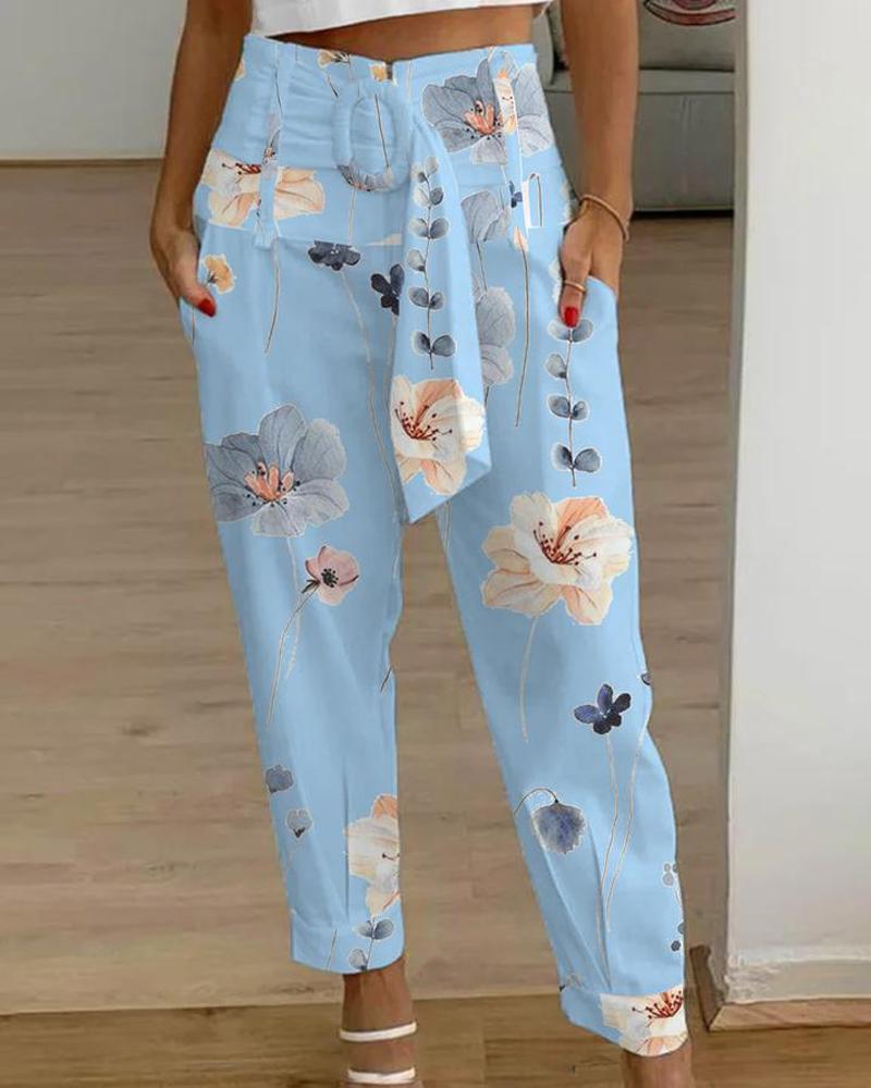 

Floral Print High Waist Belted Pocket Design Pants, Blue