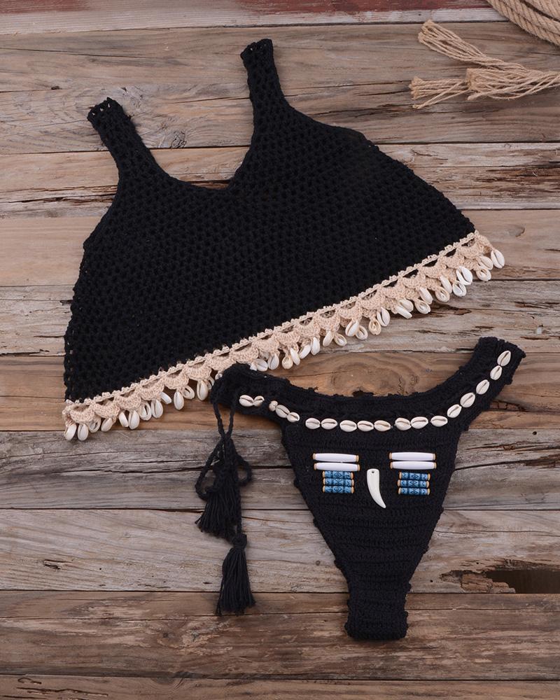 

Hollow Out Crochet Pom Pom Tankini Set, Black