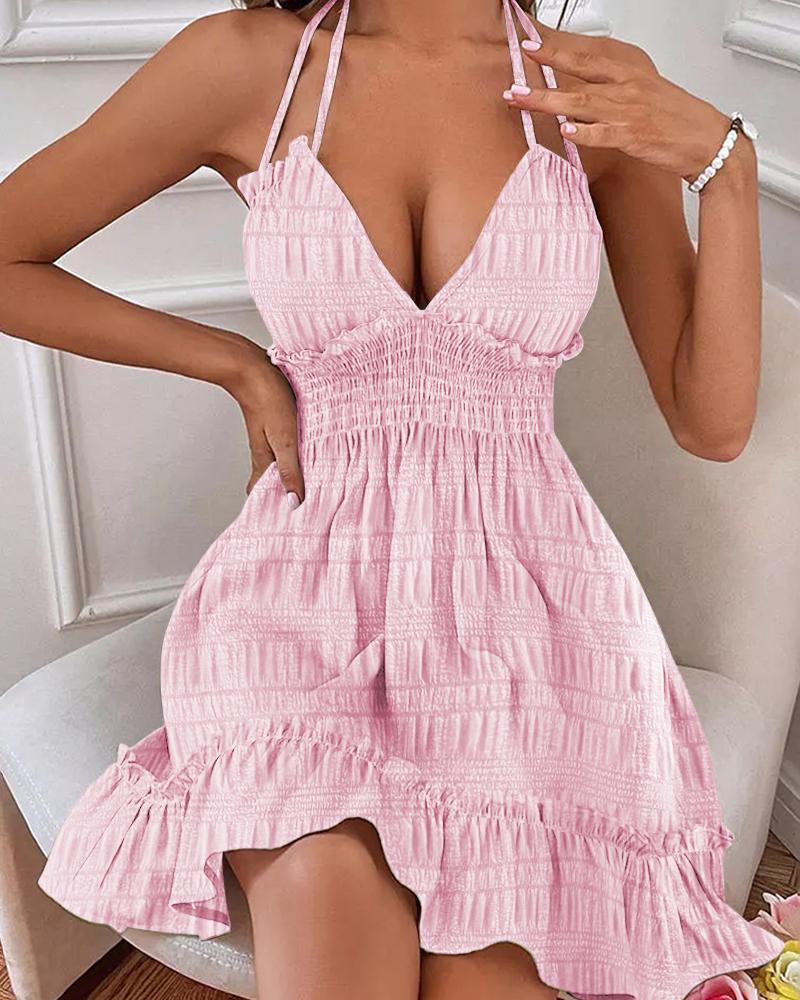 

Halter Ruffle Hem Shirred Textured Casual Dress, Pink