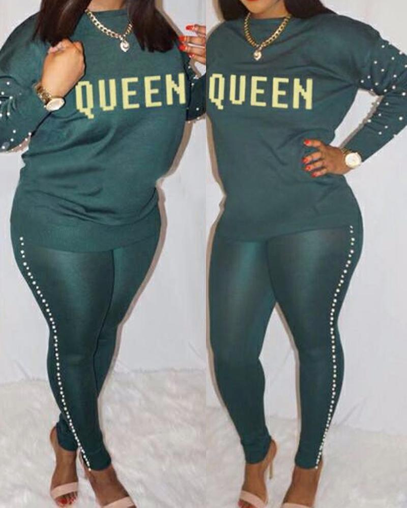 

Plus Size Letter Print Beaded Long Sleeve Top & Pants Set, Green