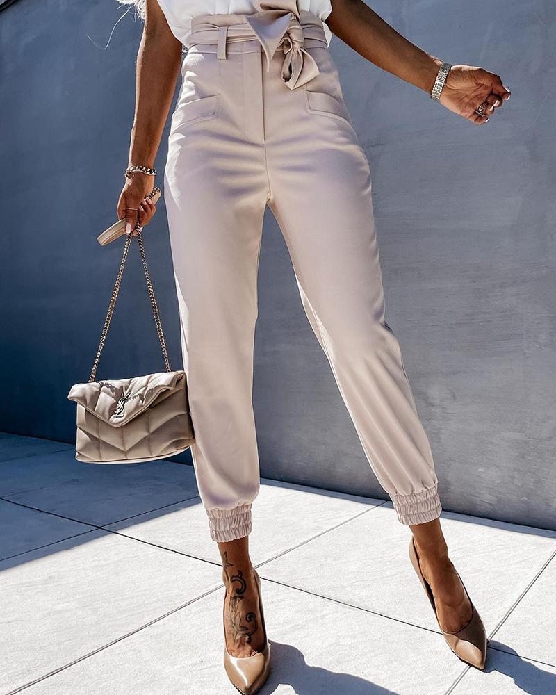 

High Waist Pocket Design Casual Pants, Khaki
