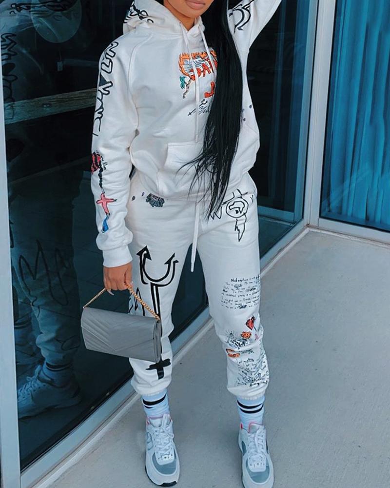 

Cartoon Letter Print Hooded Women Top & Drawstring Pants Set, White