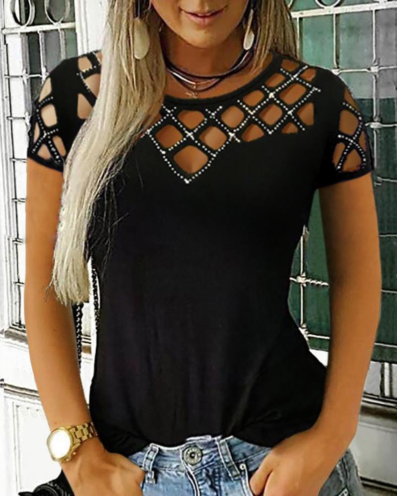 

Studded Grid Hollow Out Casual Top, Black
