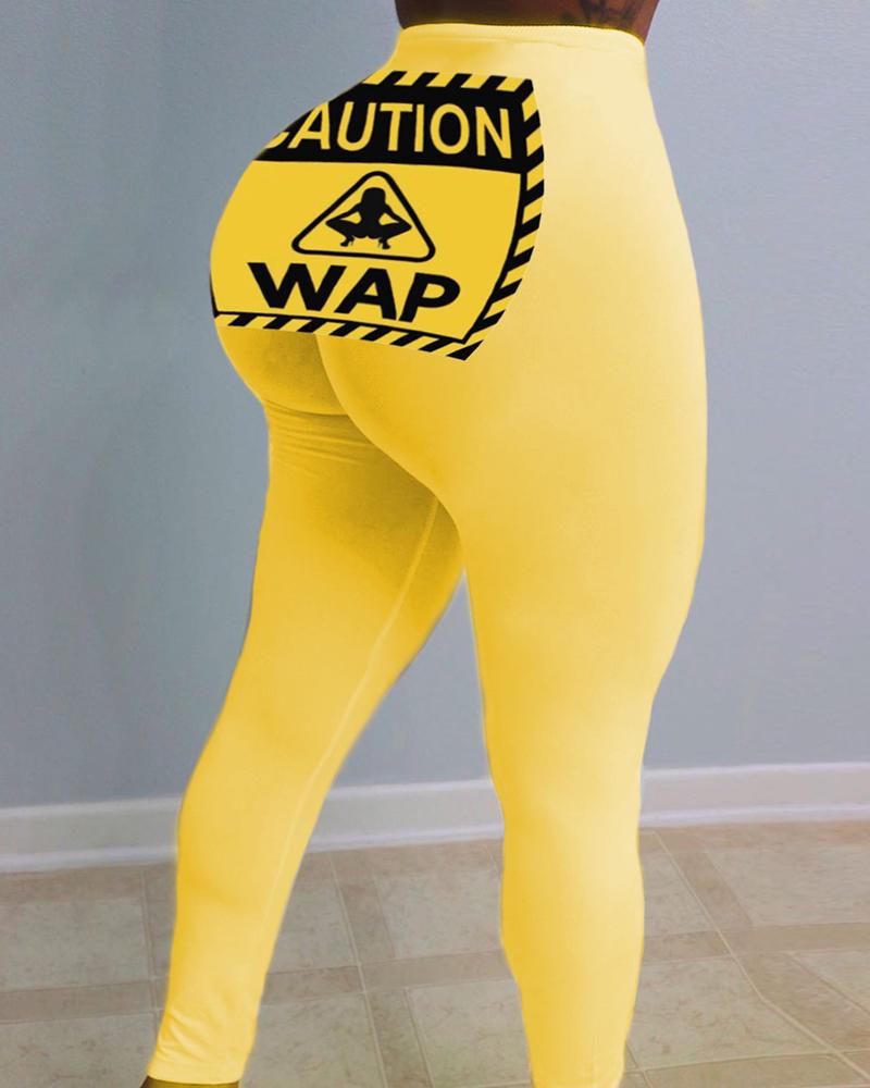 

Letter Print High Waist Fitted Pants, Yellow