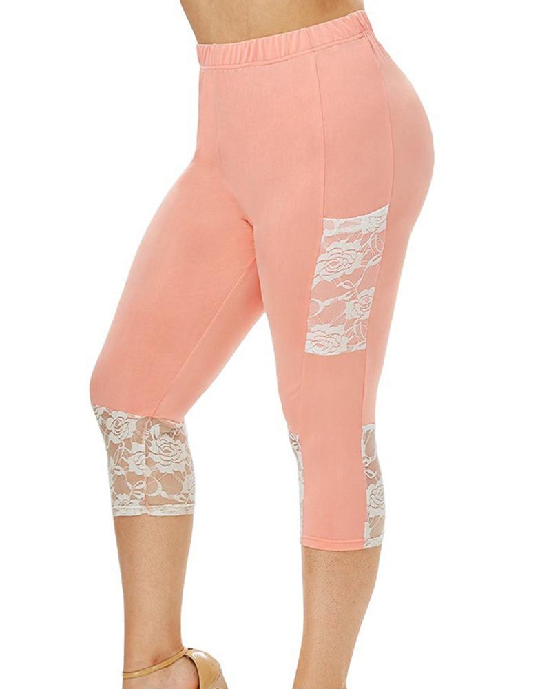 

Plus Size Lace Patch Pocket Design Skinny Pants, Pink