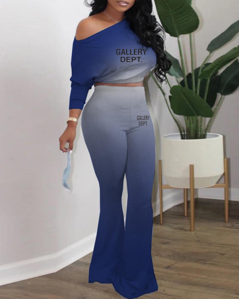 

Ombre Letter Print Top & Bootcut Pants Set, Blue