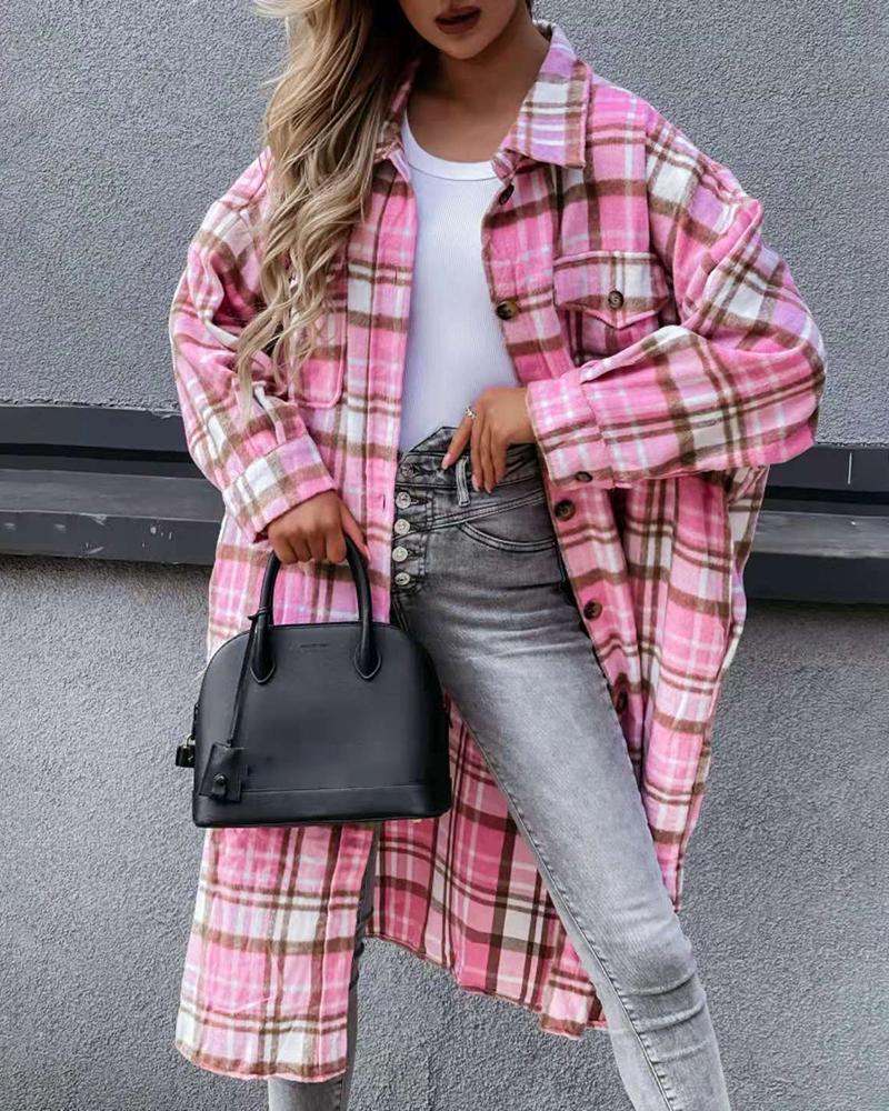 

Plaid Print Buttoned Asymmetrical Hem Top, Pink